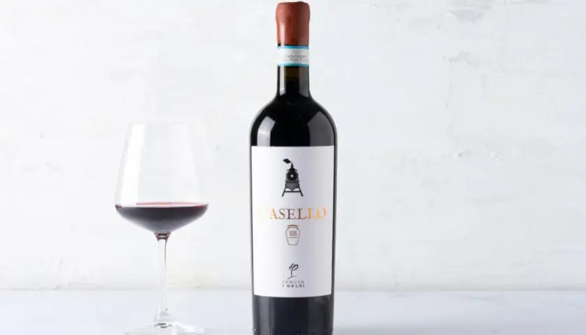 Verre de vin rouge et bouteille de Casello Aglianico del Vulture, un vin italien aux arômes intenses.