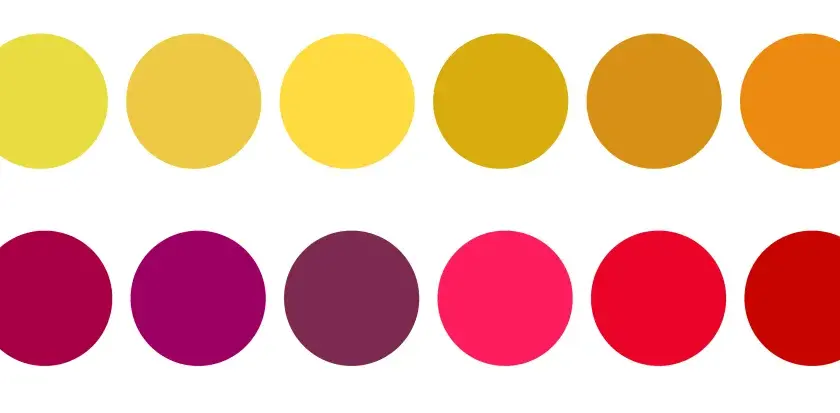 Palette de couleurs évoquant un vin rosé, allant du jaune pâle au rouge profond, avec des nuances orangées et pourpres.