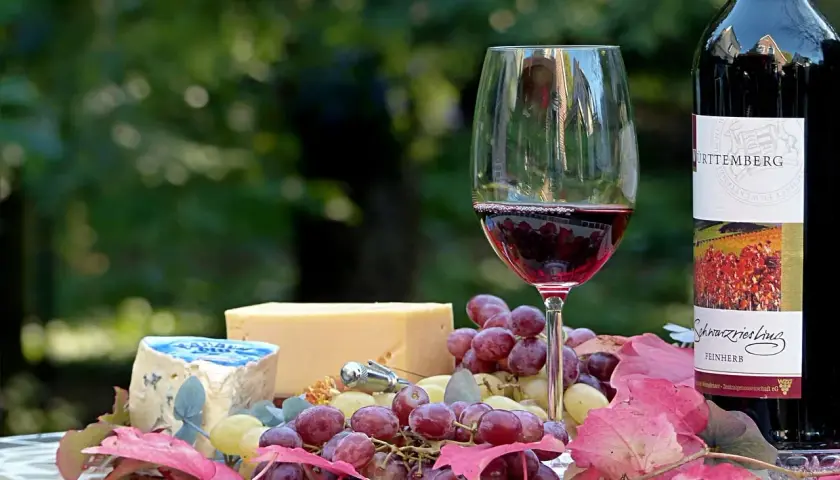 Un verre de vin rouge, du fromage et des raisins, une belle composition pour un apéritif.