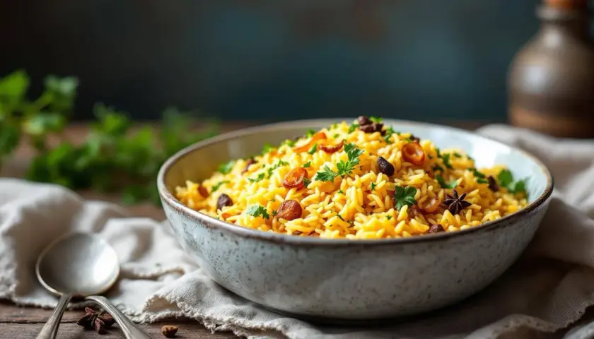 Un bol de riz créole parfumé, garni de persil frais, de raisins secs et d'anis étoilé. Une cuillère repose à côté.