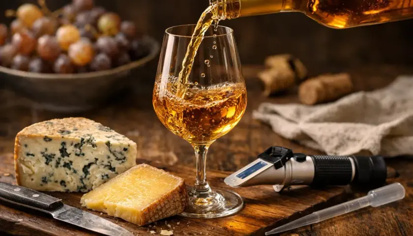 Verre de vin doré, dégustation de vins blancs sucrés avec fromages et raisins. Un réfractomètre suggère une mesure de sucre.