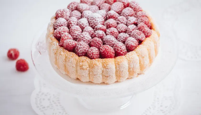 Charlotte framboise, un délice de biscuits à la cuillère et de fruits rouges, saupoudrée de sucre glace.