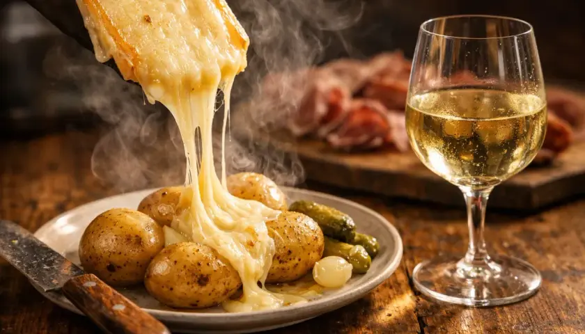 Un fromage à raclette fondant coule sur des pommes de terre et des cornichons, accompagné d'un verre de vin blanc.