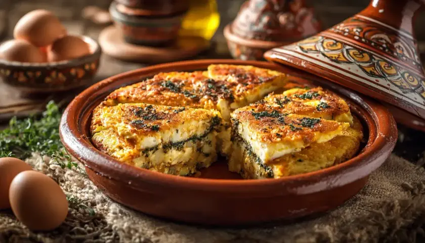 Un délicieux tajine tunisien aux œufs et herbes, servi dans un plat en terre cuite, avec des œufs frais et une touche de verdure.
