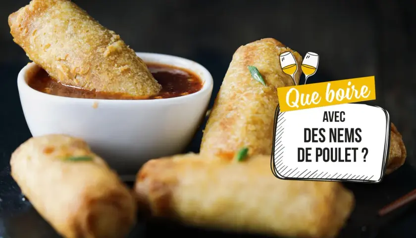 Nems croustillants trempés dans une sauce. La question se pose : quel vin avec des nems de poulet ?