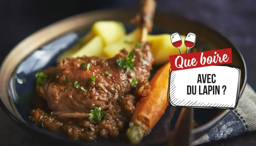 Un plat de lapin mijoté avec des carottes et des pommes de terre. La question "Que boire avec du lapin ?" est affichée.