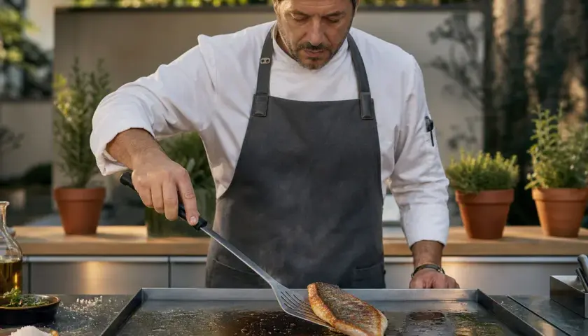 Un chef prépare un poisson sur un **bar à la plancha** en extérieur. L'arôme du poisson grillé embaume l'air.
