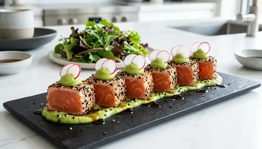 Tataki de saumon enrobé de sésame, servi sur une purée d'avocat avec des radis et une salade verte en arrière-plan.