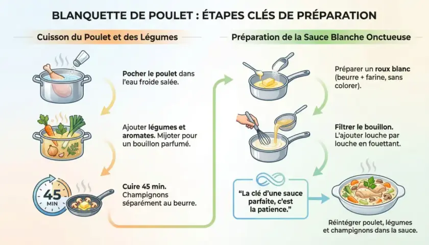 Étapes pour une blanquette de volaille parfaite : cuisson du poulet et des légumes, puis préparation d'une sauce blanche onctueuse.