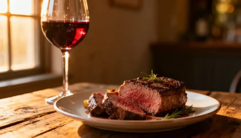 Un verre de vin rouge accompagne un délicieux filet mignon, le tout baignant dans la lumière du soleil.