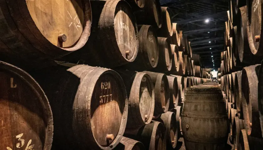 Cave à vin sombre remplie de nombreux fûts en bois empilés.