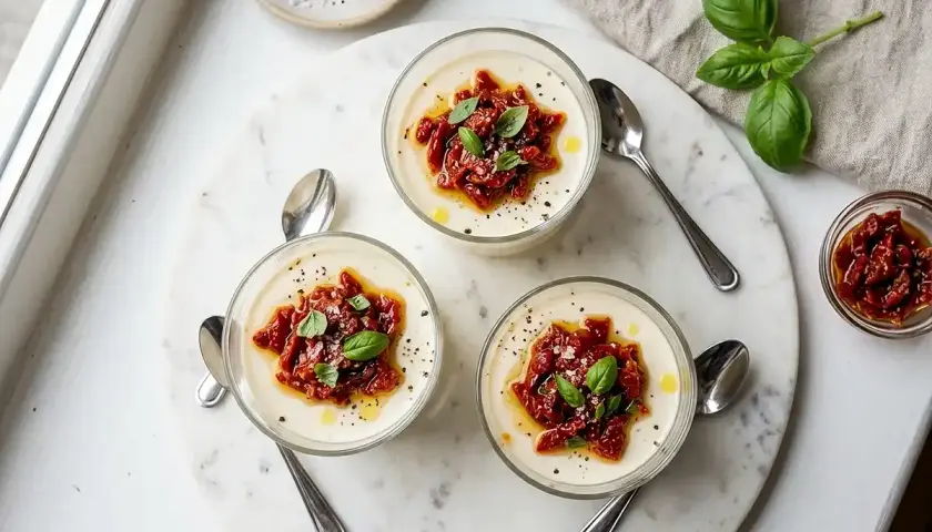 Trois verrines de panna cotta salée, garnies de tomates séchées, basilic frais et filet d'huile d'olive. Une touche d'originalité pour un apéritif raffiné.
