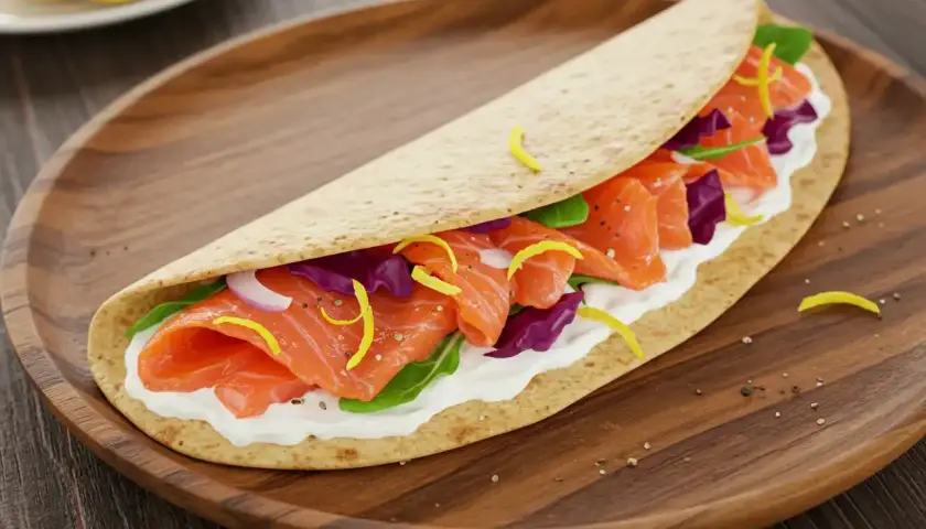 Wrap saumon frais, crème onctueuse, chou rouge croquant et zestes de citron. Une recette wrap saumon simple et savoureuse.