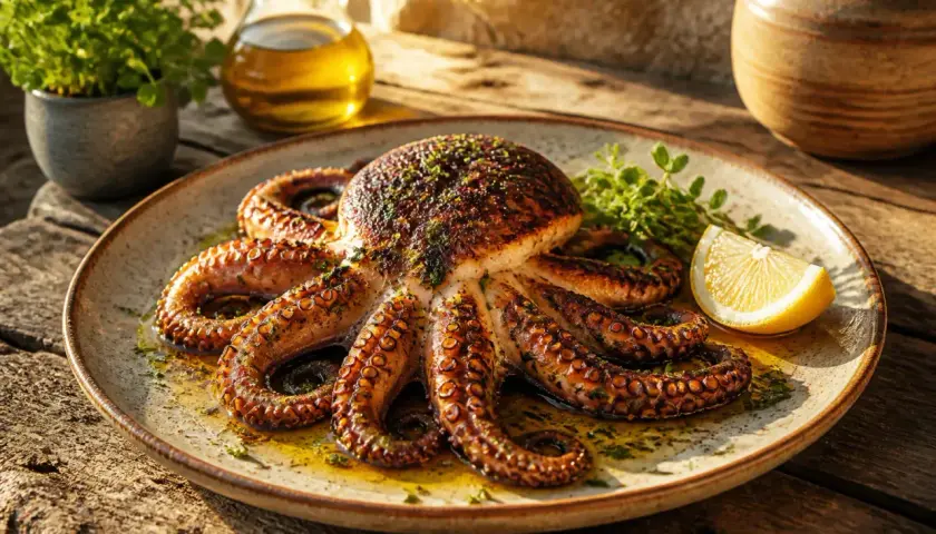 Un délicieux poulpe à la plancha, grillé à la perfection, servi avec du citron et des herbes fraîches.