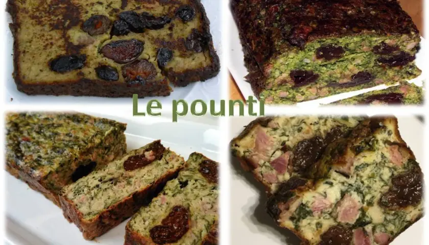 Tranches de pounti auvergnat, un plat traditionnel avec des pruneaux, de la viande et des légumes verts.