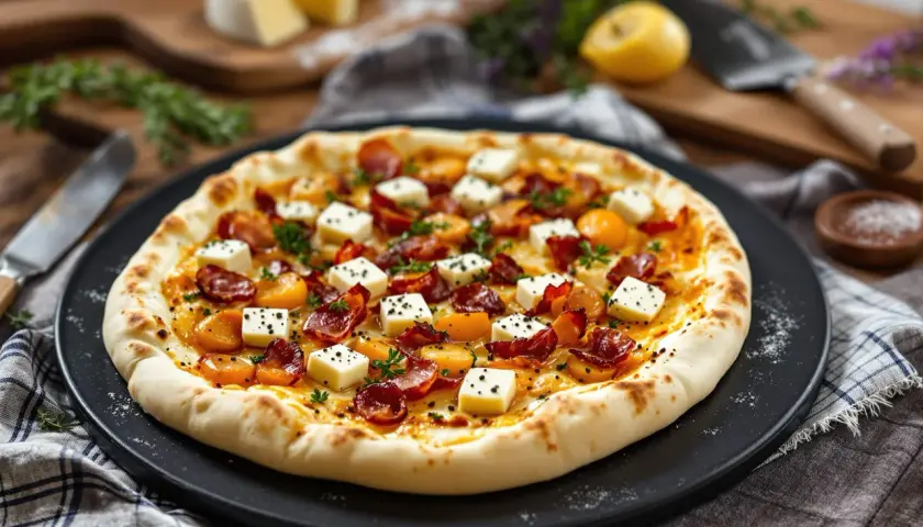 Une délicieuse pizza savoyarde, garnie de lardons croustillants, de pommes de terre fondantes et de fromage, prête à être dégustée.
