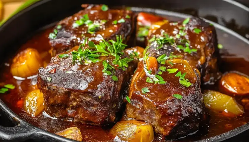 Quatre morceaux de joue de bœuf confite, nappés d'une sauce riche et garnie de persil frais, mijotent dans une poêle en fonte avec des oignons caramélisés.