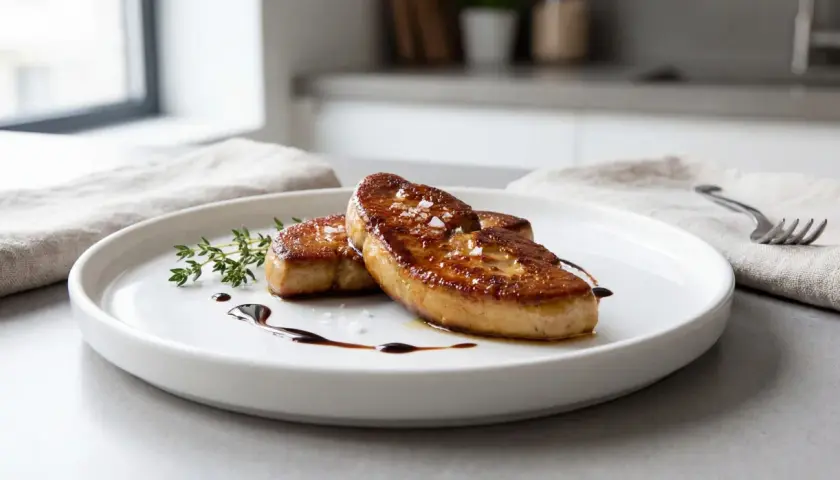 Deux escalopes de foie gras poêlé, dorées et savoureuses, garnies de fleur de sel et d'une touche de réduction de balsamique, sur une assiette blanche avec une branche de thym.