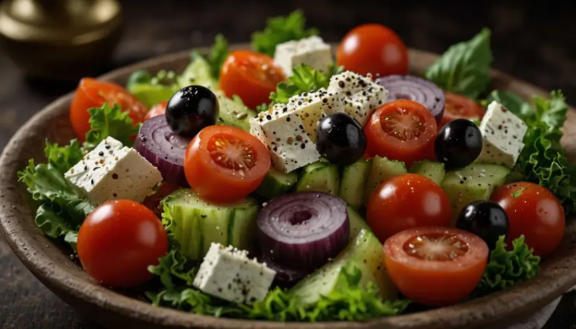 Une salade à la grecque fraîche et colorée avec des cubes de feta, des tomates cerises, des olives noires, des concombres et des oignons rouges.