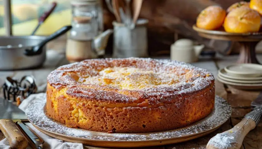 Gâteau breton doré et saupoudré de sucre glace, prêt à être dégusté.