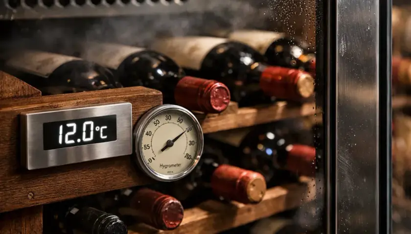 Cave à vin avec bouteilles de vin rouge. Un thermomètre affiche 12.0°C, garantissant la température idéale.