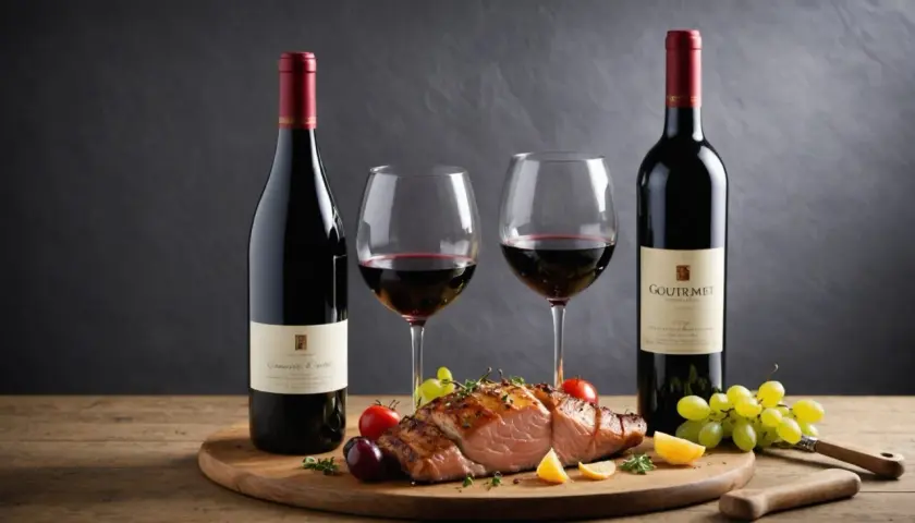 Un festin gourmand : un délicieux rosbif accompagné de deux verres de vin rouge et de ses bouteilles.