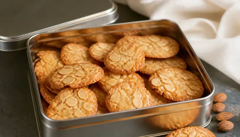 Une boîte en métal remplie de tuiles aux amandes croustillantes et dorées, prêtes à être dégustées.