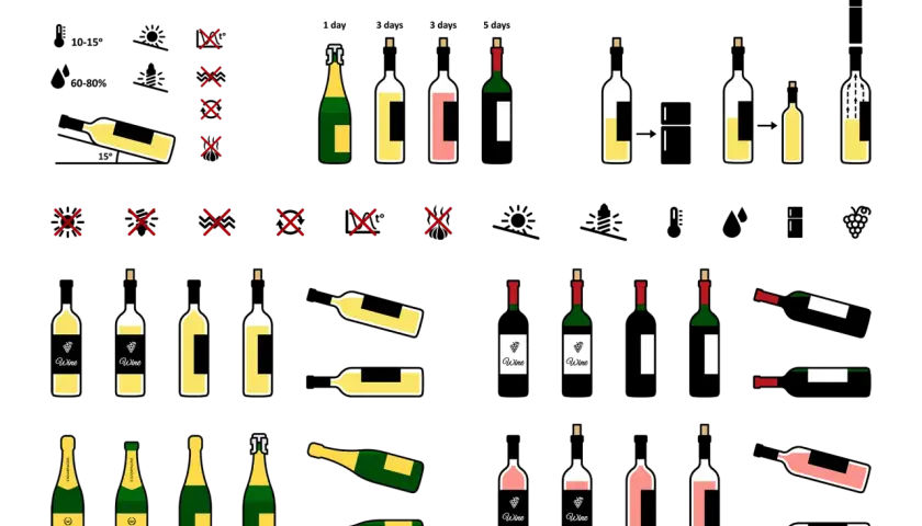 Illustrations de bouteilles de vin, certaines couchées, idéales pour le temps de garde vin rouge.