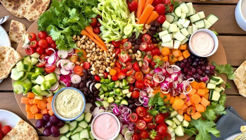 Plateau coloré de salade de crudités : tomates, concombres, carottes, radis, oignons rouges, raisins, olives, noix, et pains pita. Deux trempettes crémeuses sont incluses.