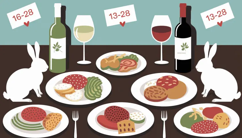 Table dressée avec lapin blanc, assiettes de mets et bouteilles de vin. Quel vin avec du lapin ? Le rouge semble être un bon choix.