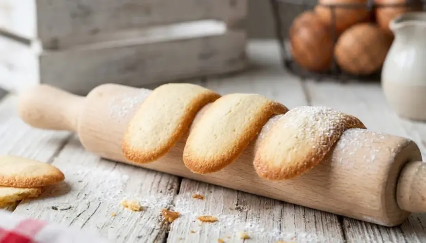 Délicieuses langues de chat saupoudrées de sucre glace, posées sur un rouleau à pâtisserie en bois.