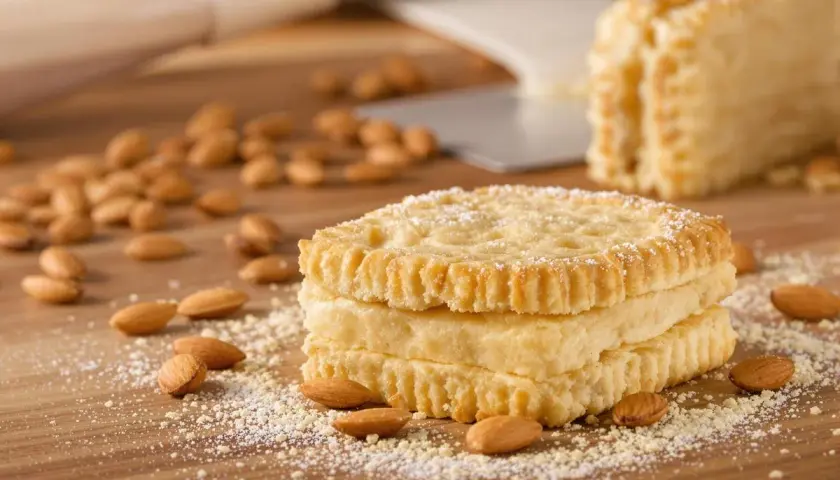 Trois biscuits joconde empilés, saupoudrés de sucre glace, entourés d'amandes sur une planche en bois.