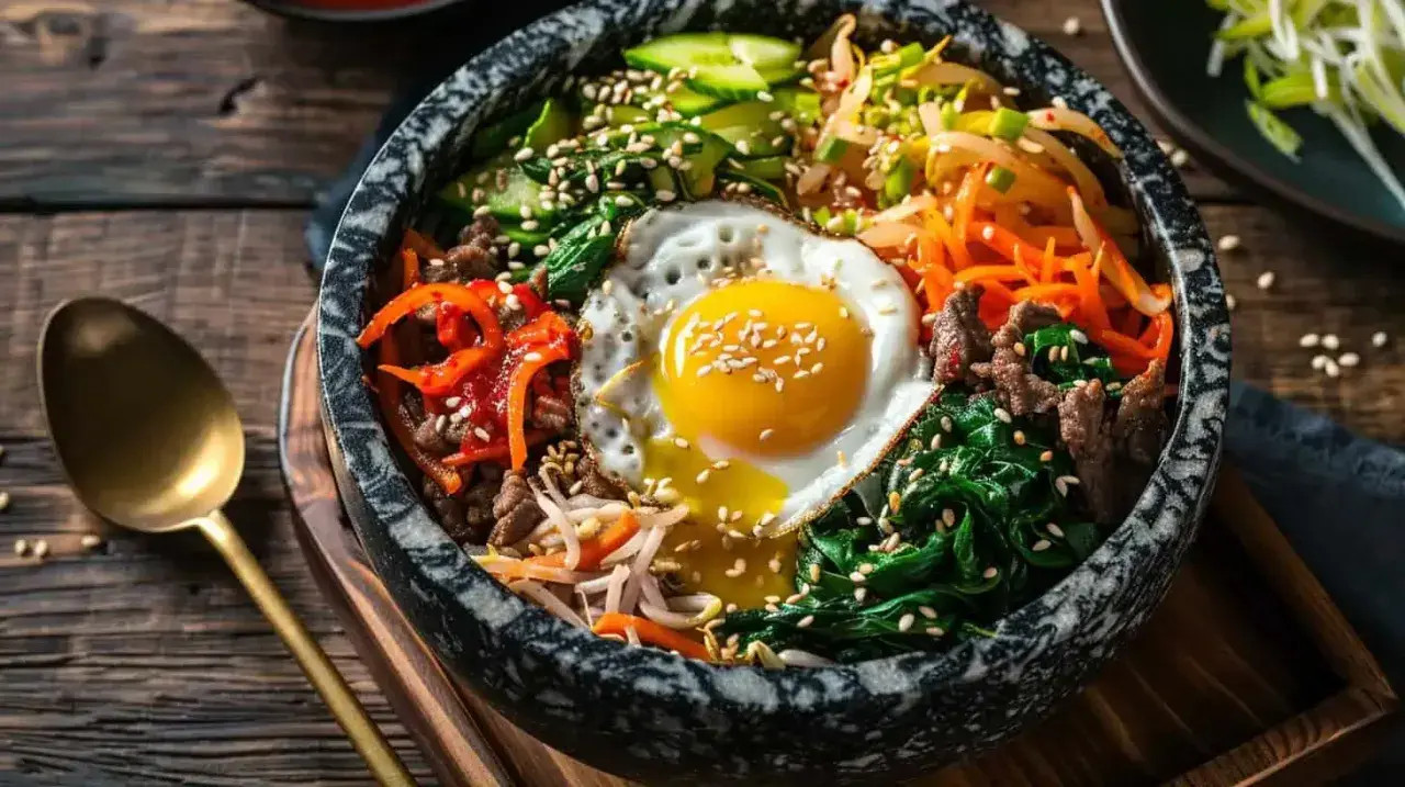 Un bol de bibimbap coloré avec œuf au plat, bœuf, légumes et riz. Une invitation à essayer cette recette !