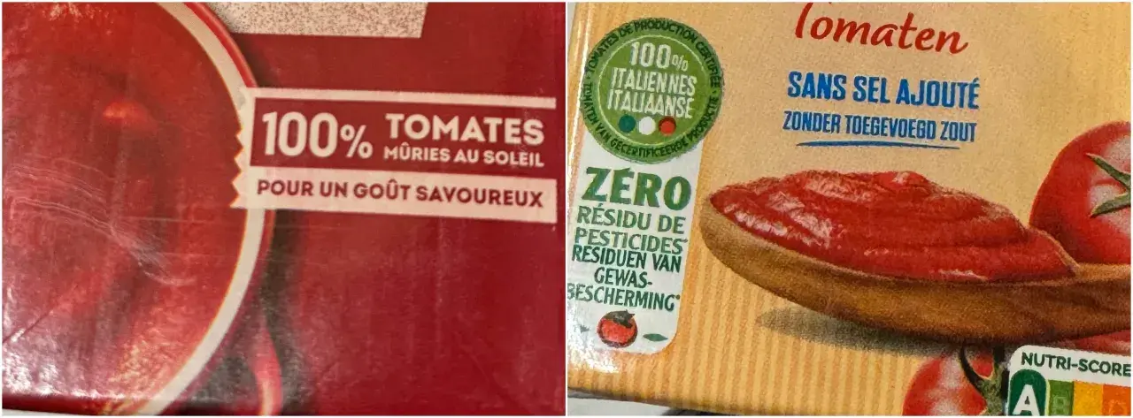 Une cuillère en bois déborde de tomate concassée, promesse d'un goût savoureux. 100% tomates italiennes, sans sel ajouté.