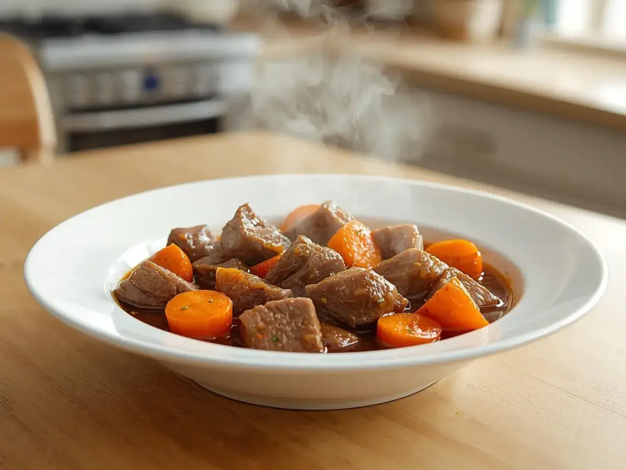 Un plat fumant de boeuf carottes, un classique réconfortant, servi dans une assiette blanche sur une table en bois.