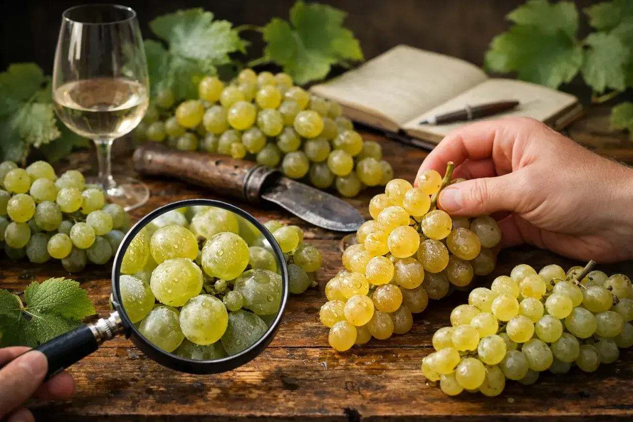 Une main examine une grappe de raisins blancs sous une loupe, à côté d'un verre de vin blanc et d'un carnet. Une liste des cépages blancs est peut-être en cours de rédaction.
