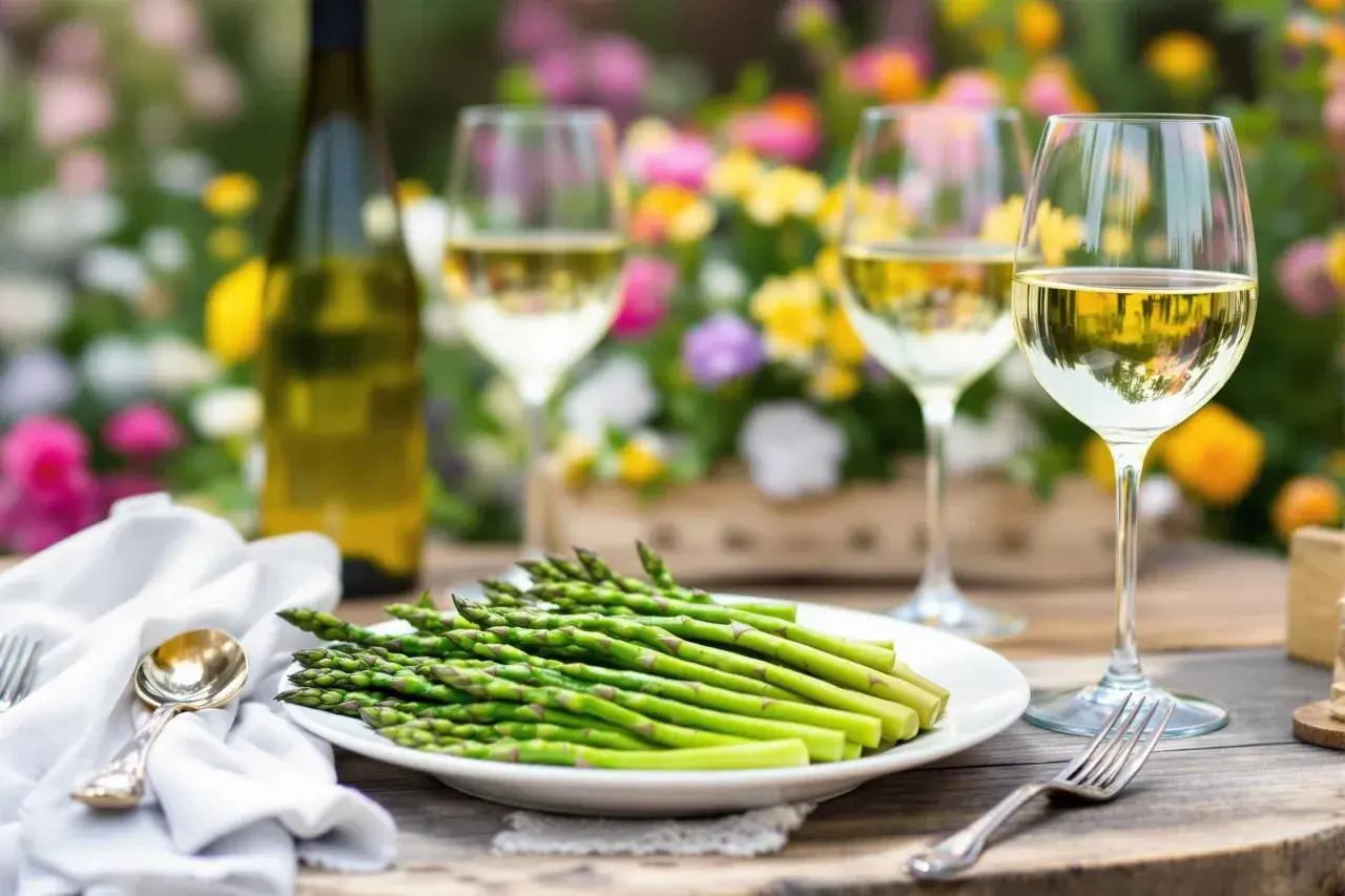 Un plateau d'asperges chaudes attend d'être dégusté avec un verre de vin blanc, dans un cadre floral lumineux.