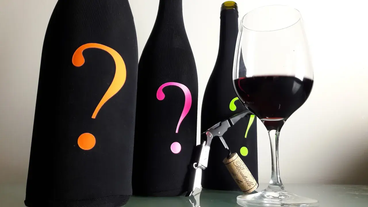 Trois bouteilles mystérieuses, ornées de points d'interrogation colorés, attendent leur dégustation. Un verre de Bourgogne rouge est prêt, suggérant un temps de garde prometteur.
