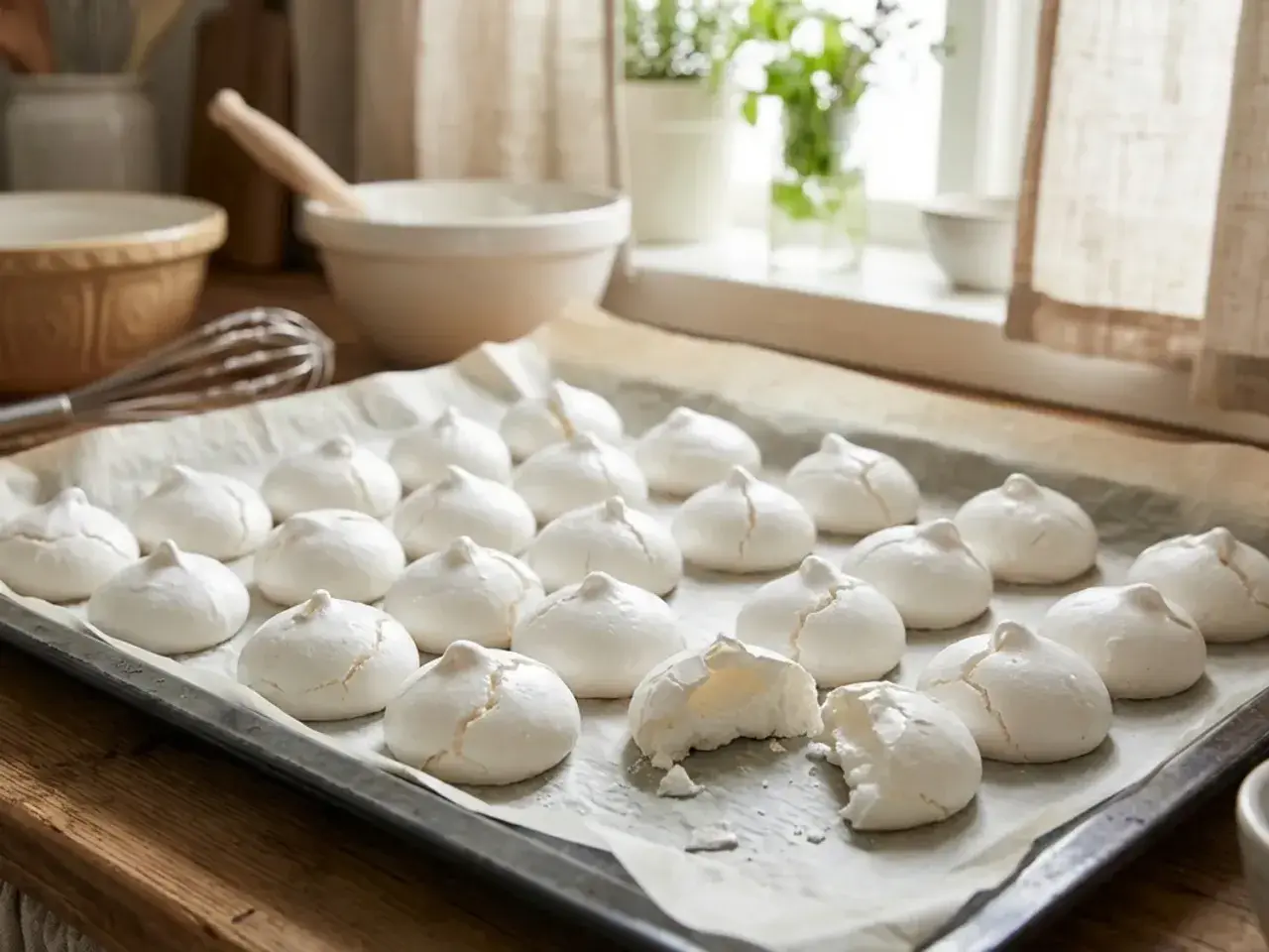 Une plaque de cuisson remplie de meringues italiennes, certaines craquelées, prêtes à être dégustées.