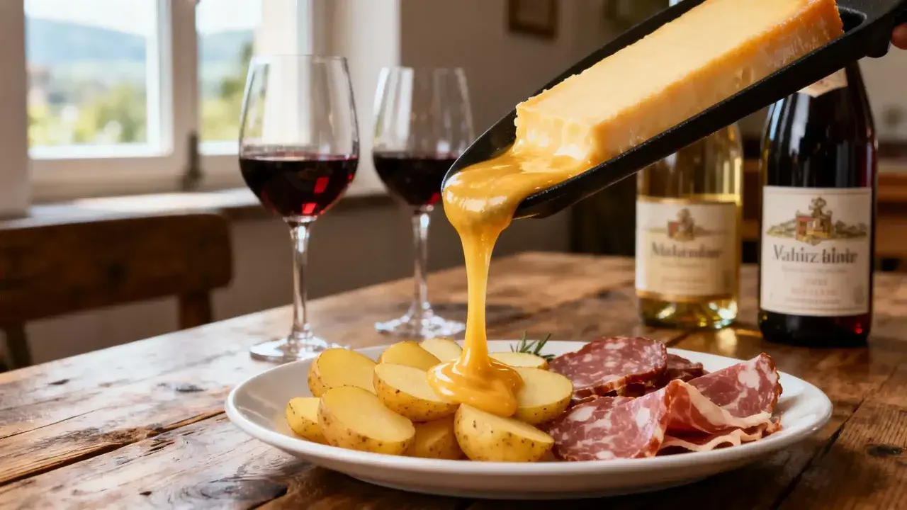 Un délicieux raclette coulant sur des pommes de terre et de la charcuterie, accompagné d'un verre de vin rouge. Parfait pour une soirée d'hiver.