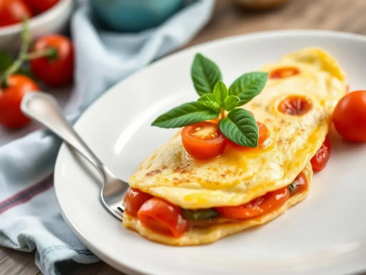 Délicieuse omelette tomate garnie de basilic frais, prête à être dégustée.