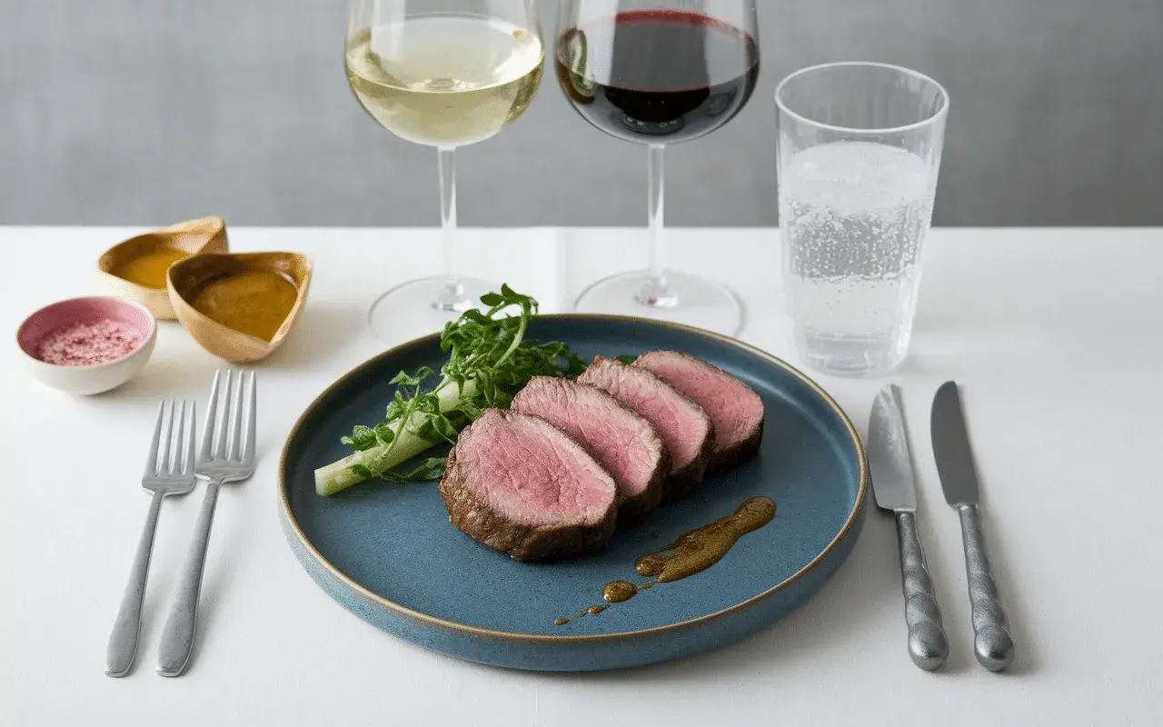 Filet mignon de porc tranché, servi avec des sauces et deux verres de vin. Quel vin avec filet mignon de porc ?