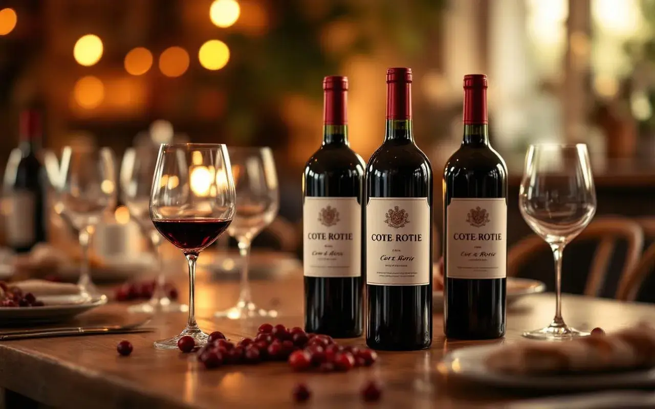 Trois bouteilles de vin rouge Côte Rôtie, un verre déjà servi, et des baies rouges sur une table en bois. Un millésime d'exception pour une dégustation parfaite.