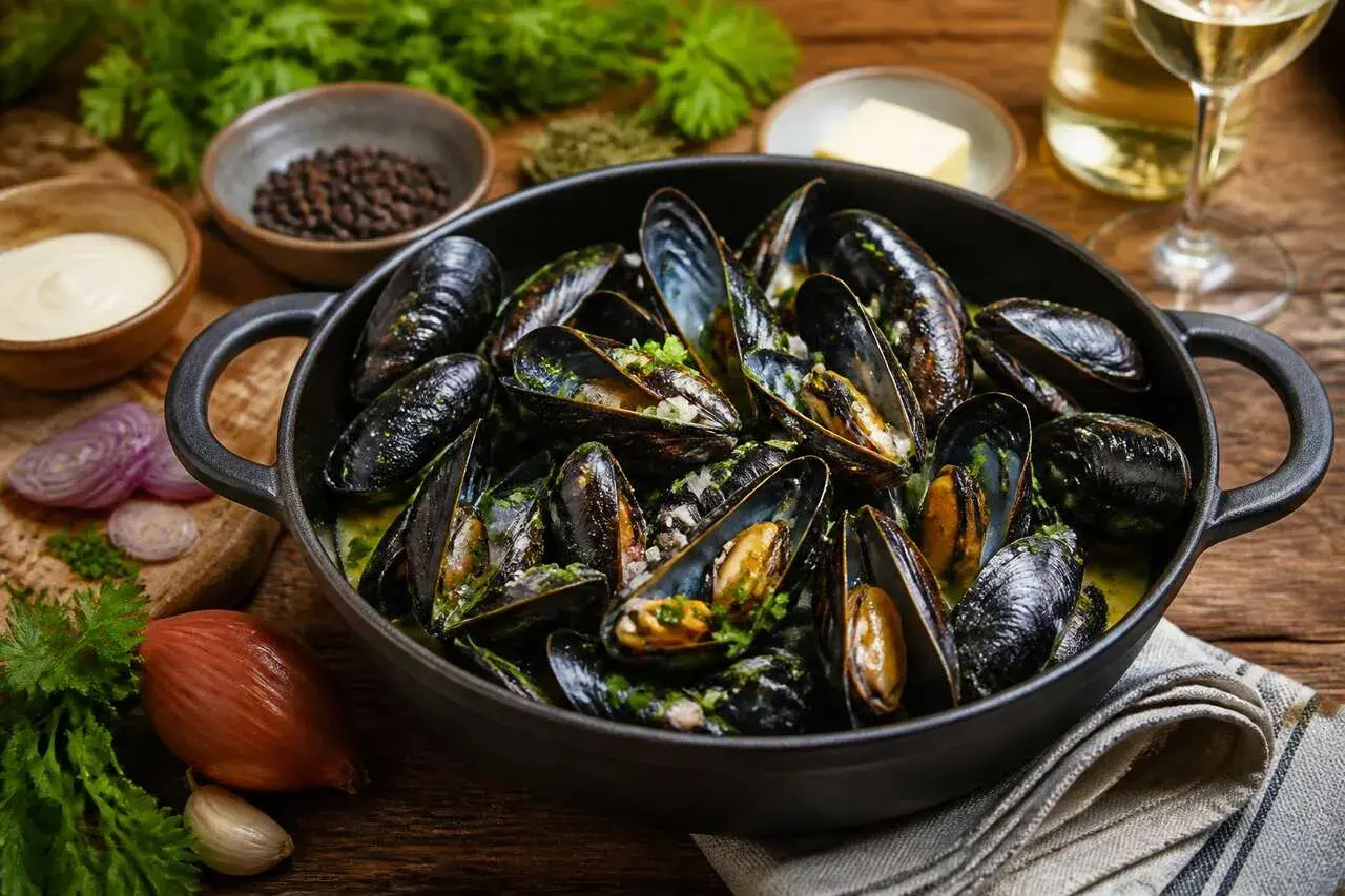 Un plat fumant de moules marinières, prêt à être dégusté. Une recette simple et savoureuse.