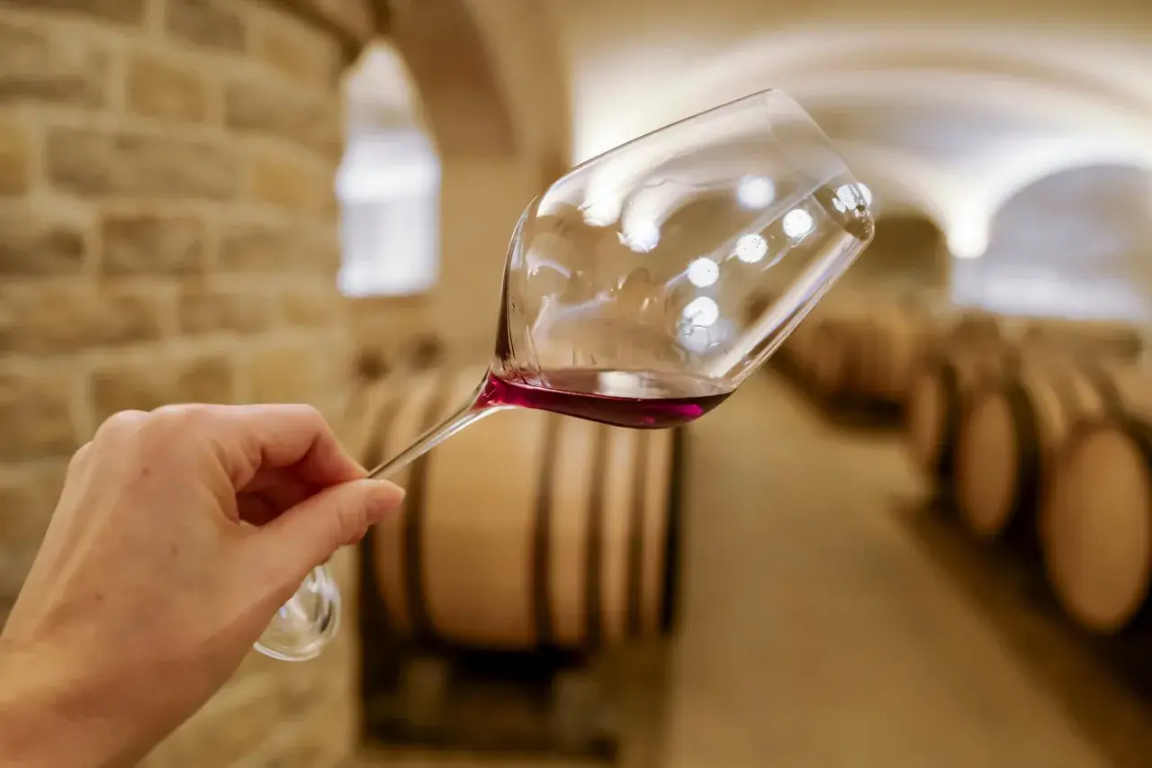 Verre de vin rouge dans une cave bourguignonne, avec des tonneaux en arrière-plan. Un tableau des millésimes bourgogne à découvrir.
