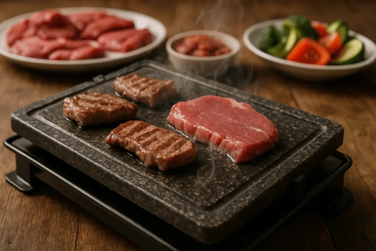 Viande crue et grillée sur une pierrade fumante. Une question se pose : quel vin avec une pierrade ? Accompagné de légumes et de sauce.