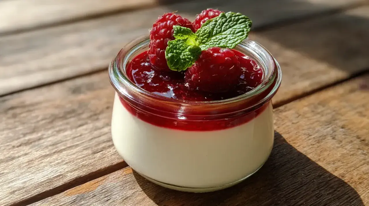 Délicieuse panna cotta à l'agar agar, garnie de framboises fraîches et d'une touche de menthe, dans un pot en verre sur fond de bois.