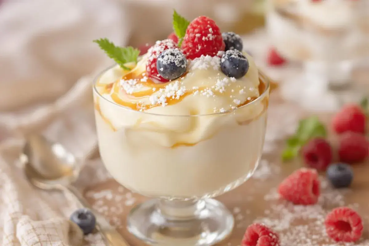 Crème Chiboust onctueuse, garnie de fruits rouges frais, de coulis caramel et saupoudrée de sucre glace. Un délice visuel et gustatif.