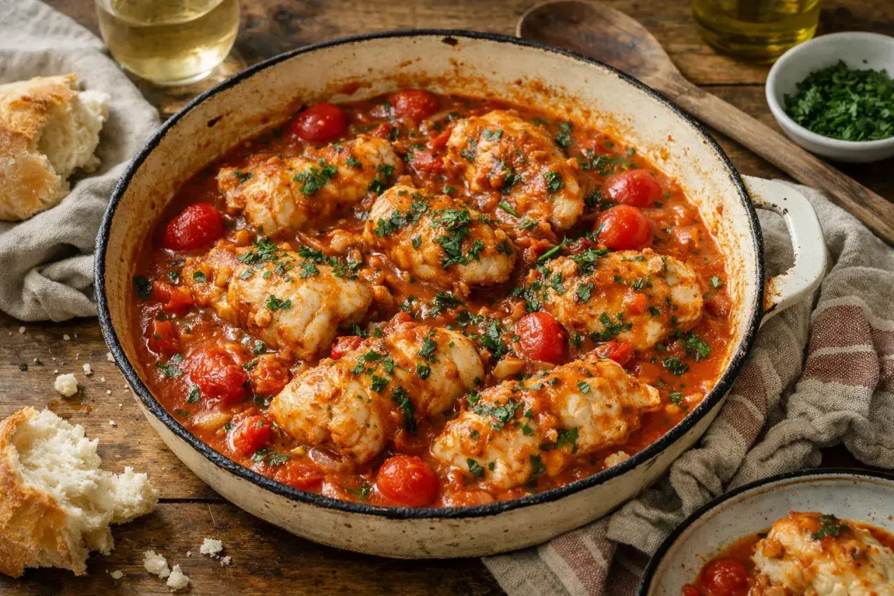 Un plat de lotte au four mijotant dans une sauce tomate avec des tomates cerises, garni de persil frais. Du pain croustillant est à côté.