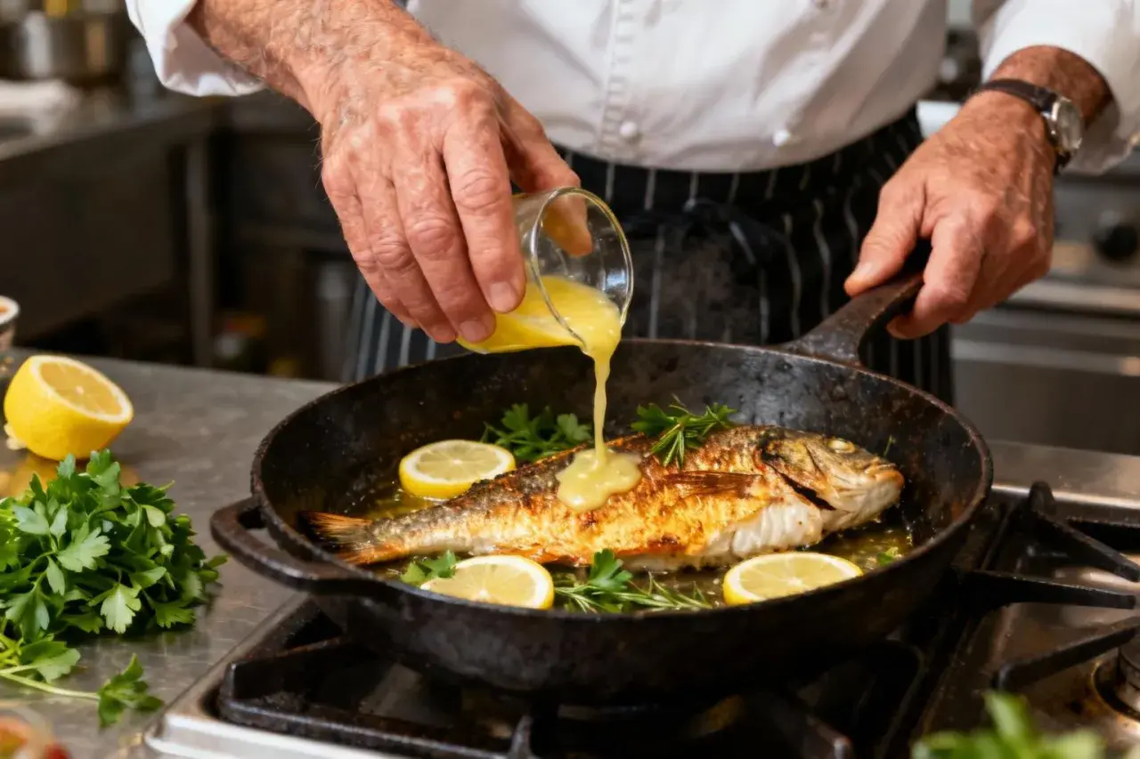 Un chef arrose un filet de loup doré dans une poêle avec une sauce au citron et aux herbes.
